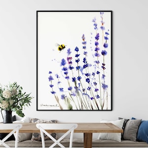 Aquarelprint lavendelbij: botanische muurkunst Provence