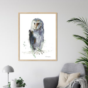 Aquarell Eule, Kunstdruck, grauer Vogel, Vogelbild, minimalistisches Dekor