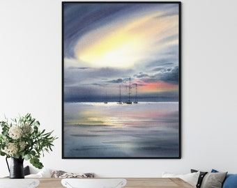 Impressão de pintura de paisagem marinha: arte de iate náutico, decoração de casa de praia