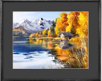 秋の湖の水彩画9x12、風景の風景オリジナルの手描きの水彩画、素朴な