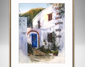 ギリシャ サマー ストリート オリジナル水彩画 8