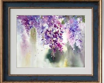 Original Glyzinien Aquarellmalerei, impressionistische Blumenkunst (30 x 40 cm)