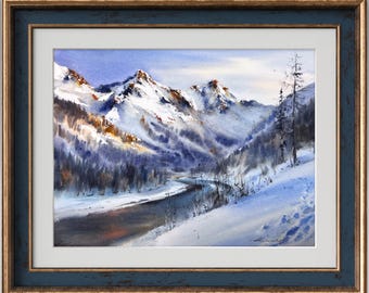 冬の山の風景、雪に覆われた丘のオリジナルの水彩画、雪景色、アルプス