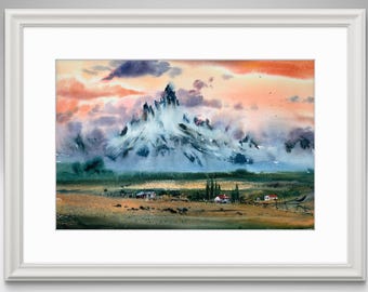 オリジナル水彩山の風景画、夕焼け、15 x 22インチ - Etsy 日本