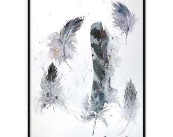 Whimsical Owl Feather Watercolor Art | Handcrafted Gray Feathers Painting | Wall Decor for Bird Enthusiasts
