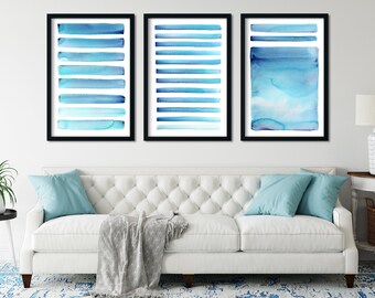 Set of 3 Abstract Ocean Prints - Coastal Watercolor Art for Modern Wall Decor