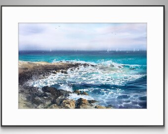 Original Turquoise Seascape Watercolor Painting, Rocky Coast Art (15x22)