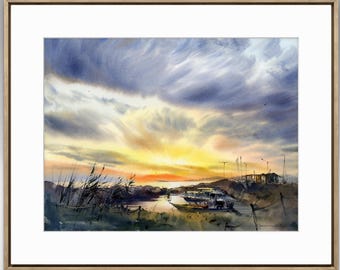 日没時の漁船オリジナル水彩画、ボートの絵、黄色オレンジ色のボートの