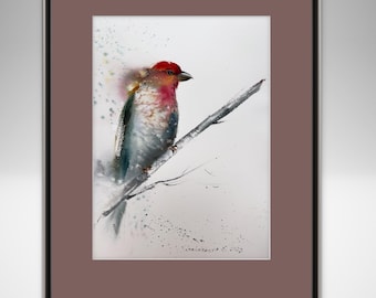 Acuarela original de pájaro: arte tropical rojizo y gris (20 x 28 cm)
