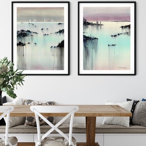 Stampe astratte di natura acquerello turchese rosa - Set di 2 stampe di paesaggi marini costieri, decorazione per soggiorno