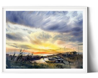 油彩画 漁船と橋の風景 サインあり 漁船桟橋の水彩画 - 黄色い夕焼けの風景 - オリジナル絵画 - Etsy 日本