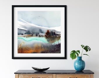 Turquoise bergmeerkunstdruk: abstract aquarellandschap