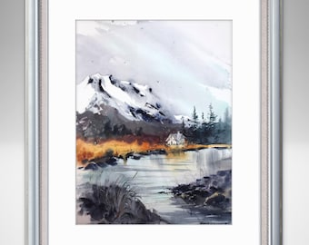 Acuarela original de montaña: Paisaje otoñal con río (30 x 40 cm)