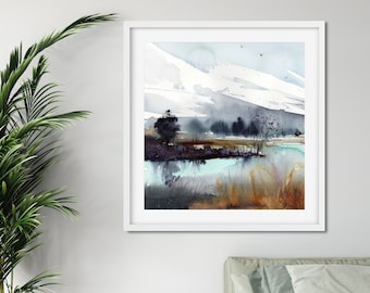 Aquarel bergmeer kunstafdruk: Scandinavische landschapsschilderkunst