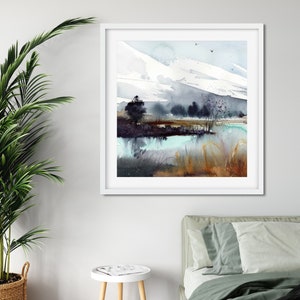 Abstract Mountain Print, Square Wall Art, Watercolor Nordic Landscape, Modern Painting on Canvas, Turquoise, Gray