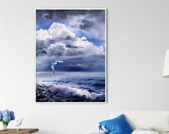 Watercolor Seagull Seascape Art Print: Coastal Fine Art