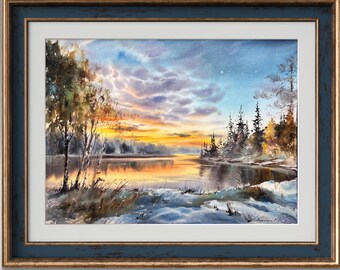 Acquerello raffigurante un lago invernale, paesaggio innevato (22x30 cm)