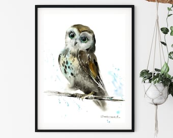 Stampa artistica di gufo acquerello: dipinto minimalista di uccelli, decorazione per la cameretta dei bambini