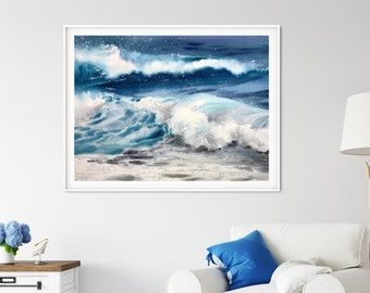 May include: A framed watercolour painting depicting ocean waves. The artwork uses shades of blue and white to capture the sea's movement and energy. The painting is presented in a white frame, enhancing the coastal theme.