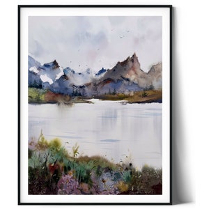 Mountain Dream: dipinto originale ad acquerello, arte murale moderna con vista sul lago, arredamento contemporaneo, paesaggio astratto