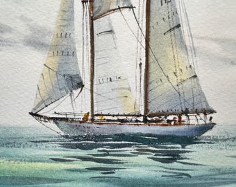 ヨットの水彩画：鮮やかな雲と海の風景、8x12インチの航海アート