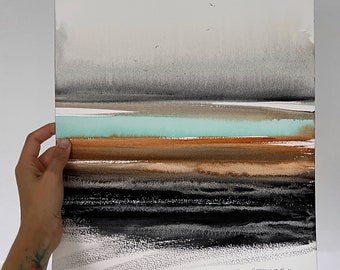 ユニークな水彩画 - 濃いオレンジとターコイズブルーの川の抽象画