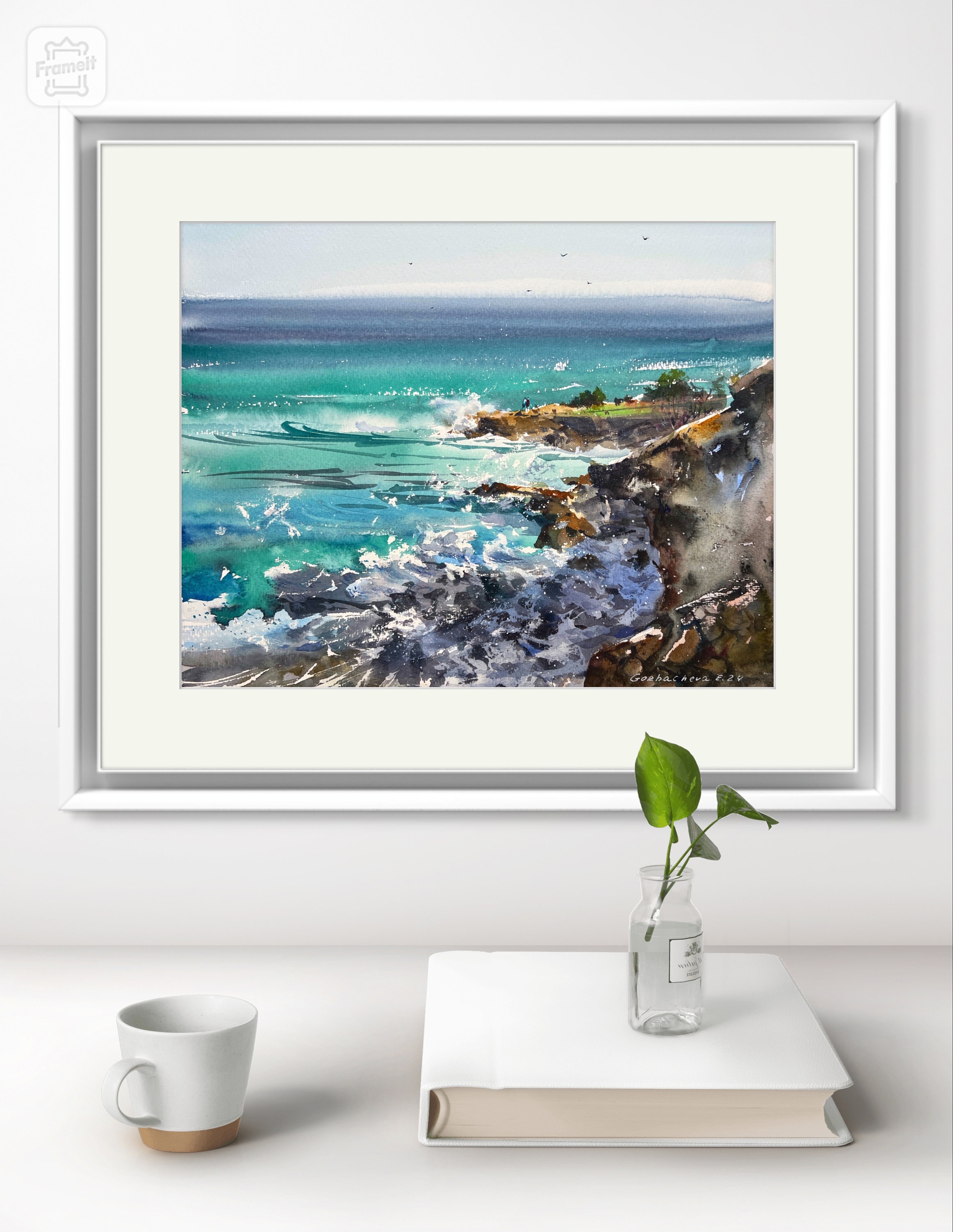 オリジナル水彩画の海景画：抽象的な波と岩の海岸アート - Etsy 日本