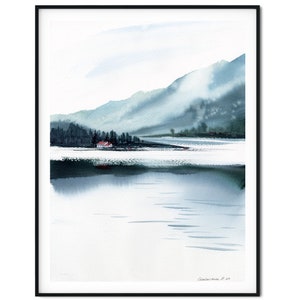 Dipinto moderno di montagna originale acquerello, arte forestale, decorazione murale naturale, paesaggio con lago, opera d'arte acquerello