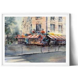 French Cafe Art Print - Floral Decor on Parisian Streetscape