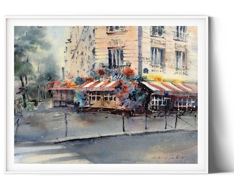 French Cafe Art Print - Floral Decor on Parisian Streetscape