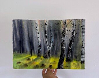 鮮やかな白樺の風景画 - 夏の森の水彩画、自然の壁アート - Etsy 日本