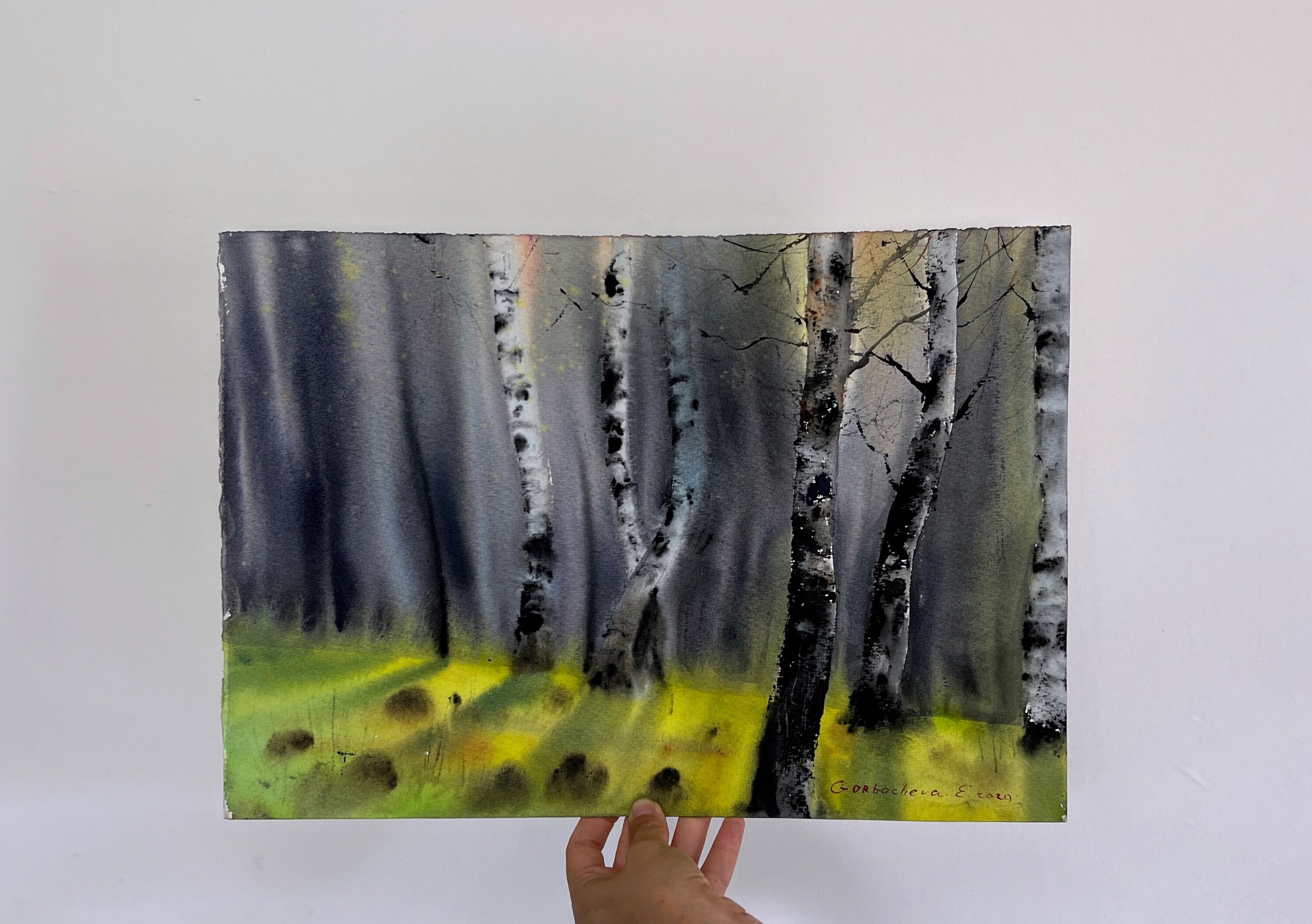 鮮やかな白樺の風景画 - 夏の森の水彩画、自然の壁アート - Etsy 日本