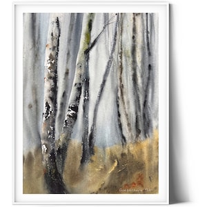 Autumn Birch Forest Watercolor Painting - Nature Wall Art, Scenery Landscape Decor