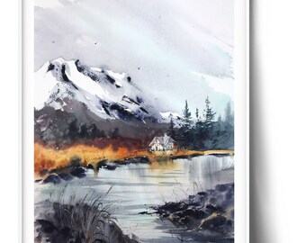 オリジナル水彩画「山の絵画：秋の川の風景画」（12 x 16インチ