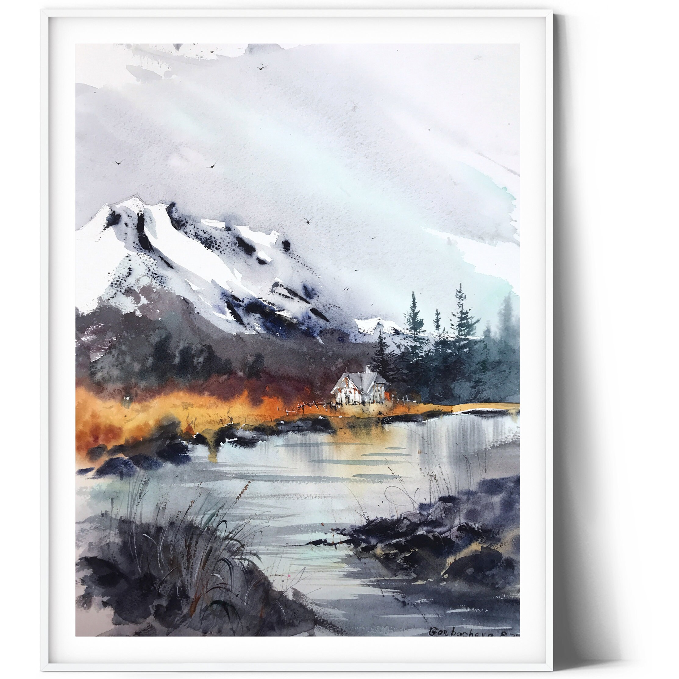 オリジナル水彩画「山の絵画：秋の川の風景画」（12 x 16インチ