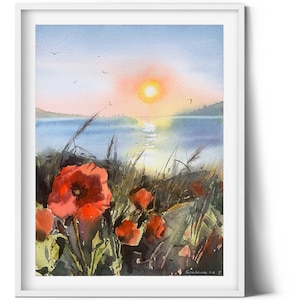Dipinto ad acquerello con campo di papaveri vibranti, decorazione murale floreale fatta a mano, splendida arte botanica, idea regalo, arte da cucina
