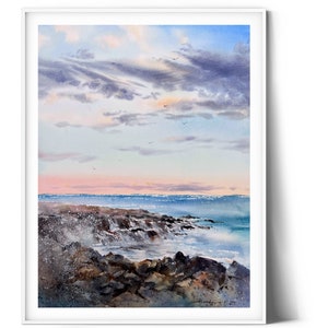 Original Aquarell Küsten Malerei: Meereswellen Kunst, Strand Dekor (32 x 40 cm)