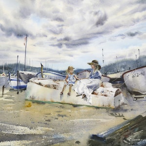 Coastal Beach Scene Art Print: Watercolor Seaside Painting, Giclee Canvas or Paper