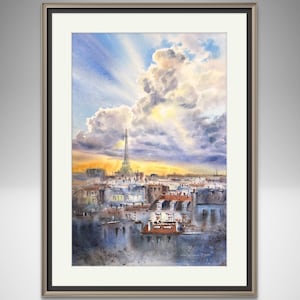 Original Paris Sunset Watercolor Painting - Eiffel Tower & Urban Architecture
