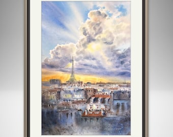 Original Paris Sunset Watercolor Painting - Eiffel Tower & Urban Architecture