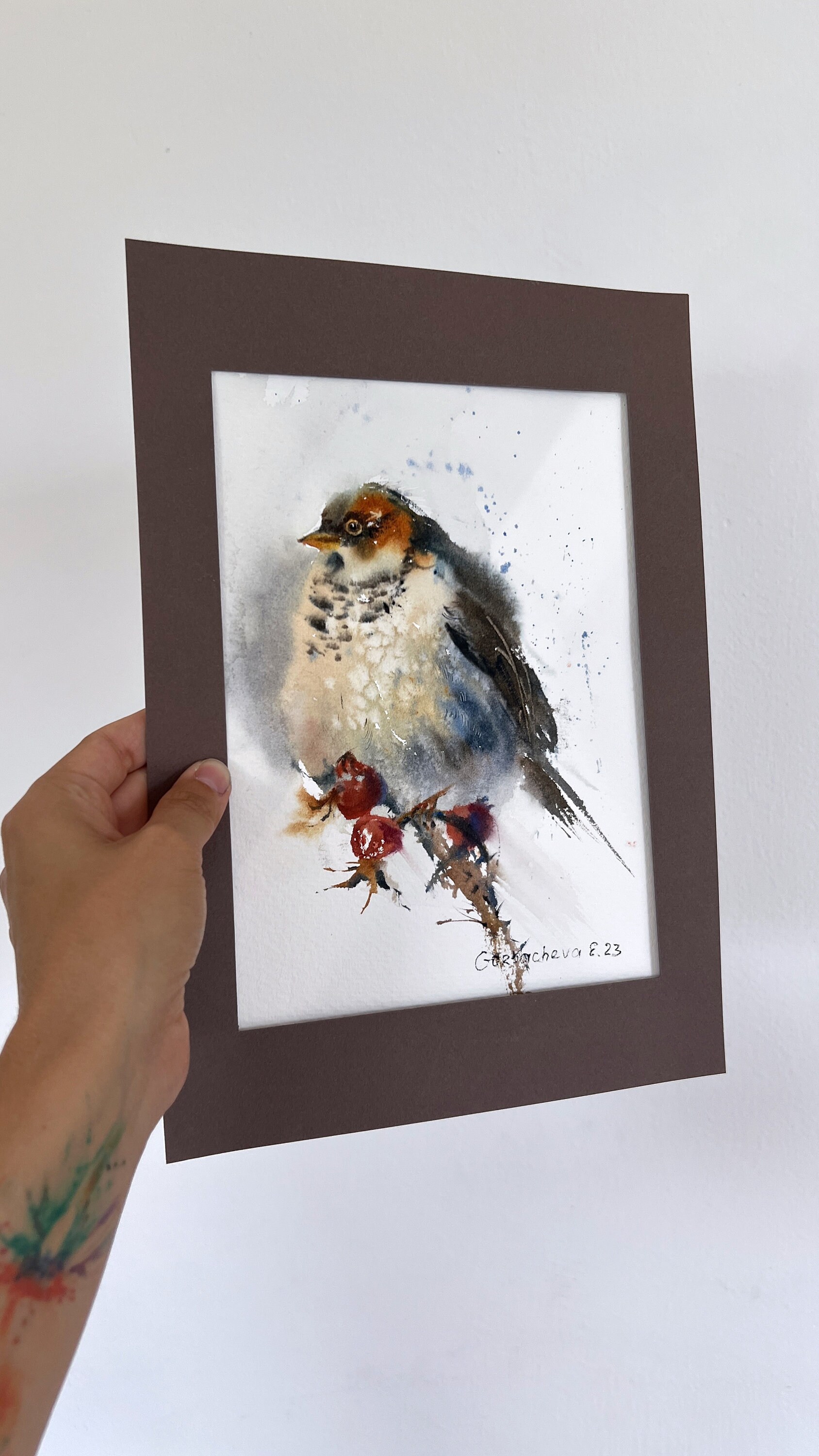 オリジナル水彩画「鳥の絵：灰色の鳥と赤いベリー」7x9インチ - Etsy 日本