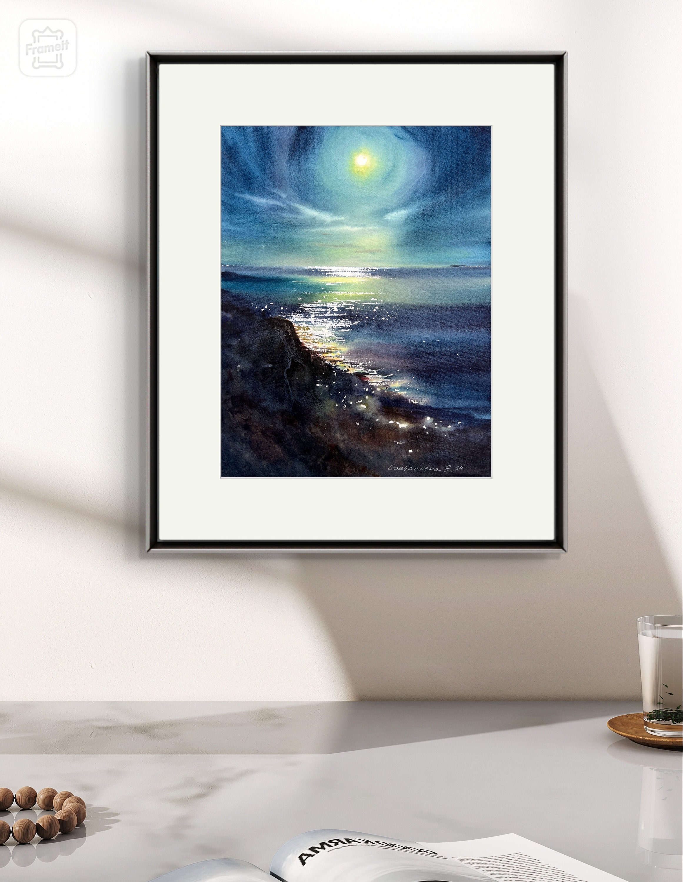 オリジナル水彩画「月光 #12」 - 夜空、満月、海面反射 - Etsy 日本