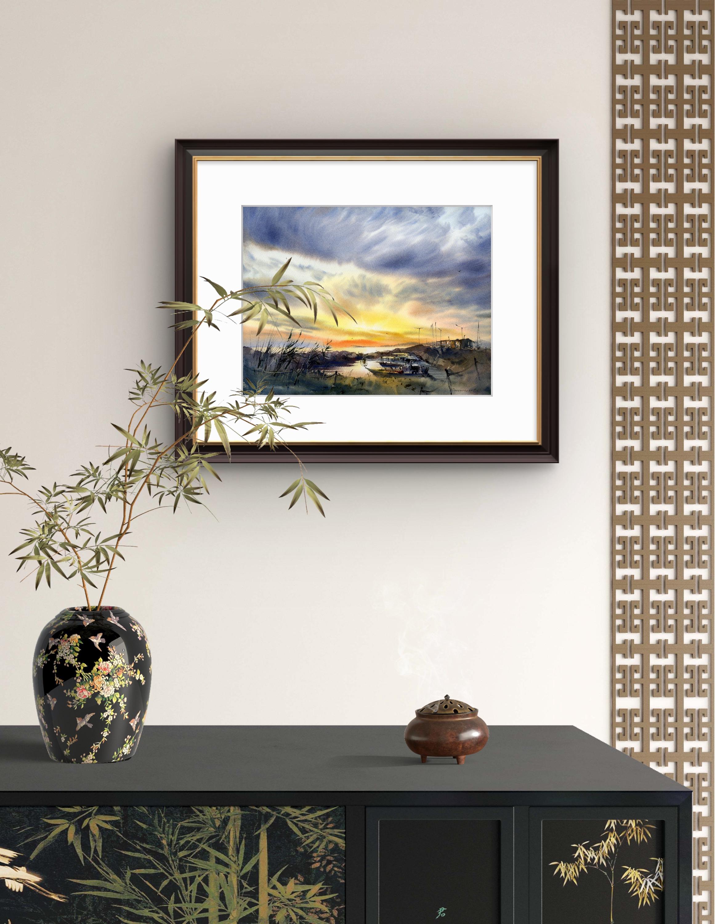 漁船桟橋の水彩画 - 黄色い夕焼けの風景 - オリジナル絵画 - Etsy 日本