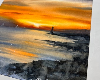 Orange Sunset Coastal Yachts Watercolor Painting | Original Art