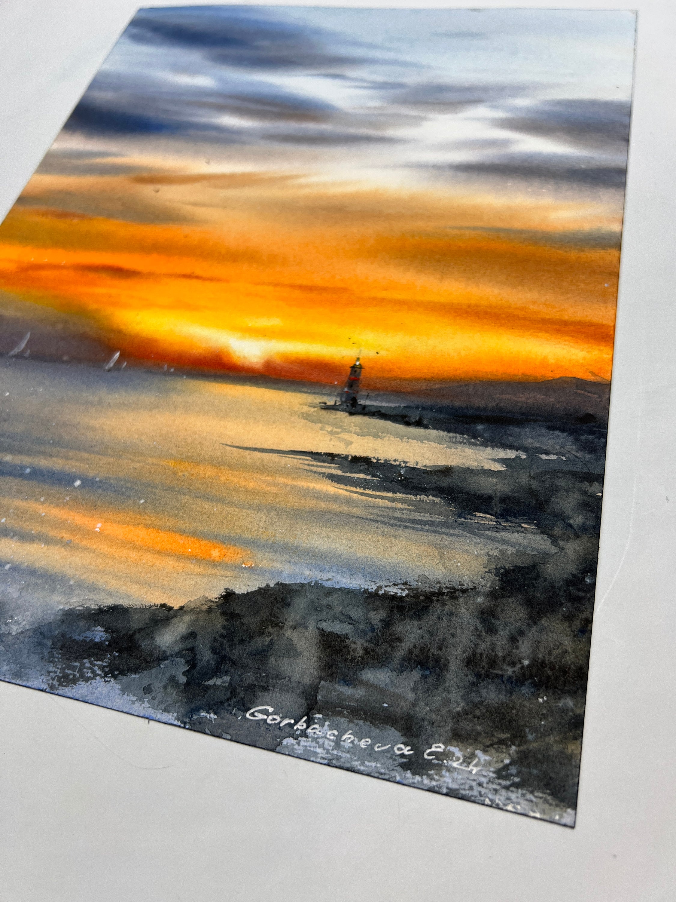 オレンジ色の夕日の沿岸ヨットの水彩画 | オリジナルアート 9 x 12