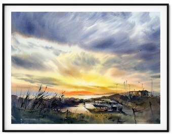 漁船桟橋の水彩画 - 黄色い夕焼けの風景 - オリジナル絵画 - Etsy 日本