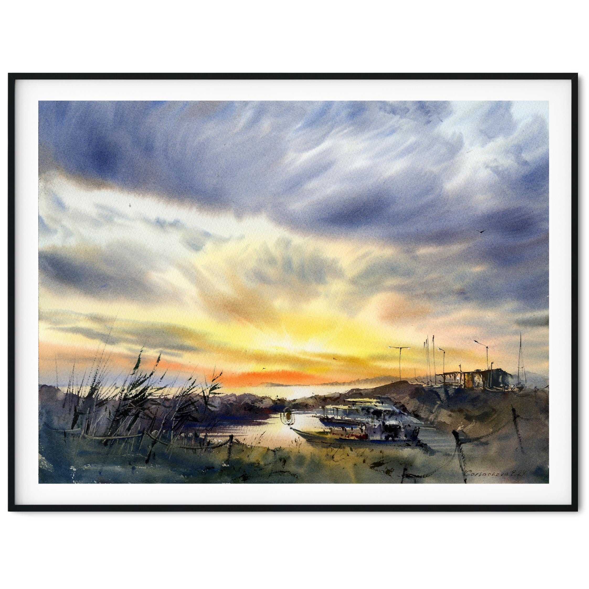 漁船桟橋の水彩画 - 黄色い夕焼けの風景 - オリジナル絵画 - Etsy 日本