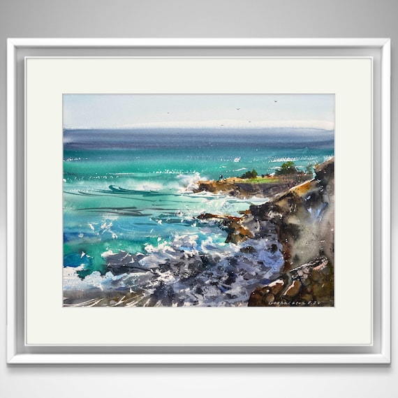 オリジナル水彩画の海景画：抽象的な波と岩の海岸アート - Etsy 日本