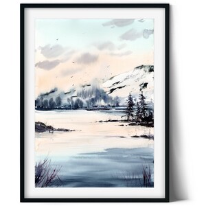 Dipinto originale di lago di montagna, acquerello, arte astratta della foresta, paesaggio naturale, decorazione murale moderna, montagne, cielo vanigliato, regalo per lui