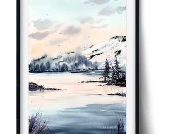 Original Watercolor Mountain Lake Painting: Abstract Forest Landscape Art